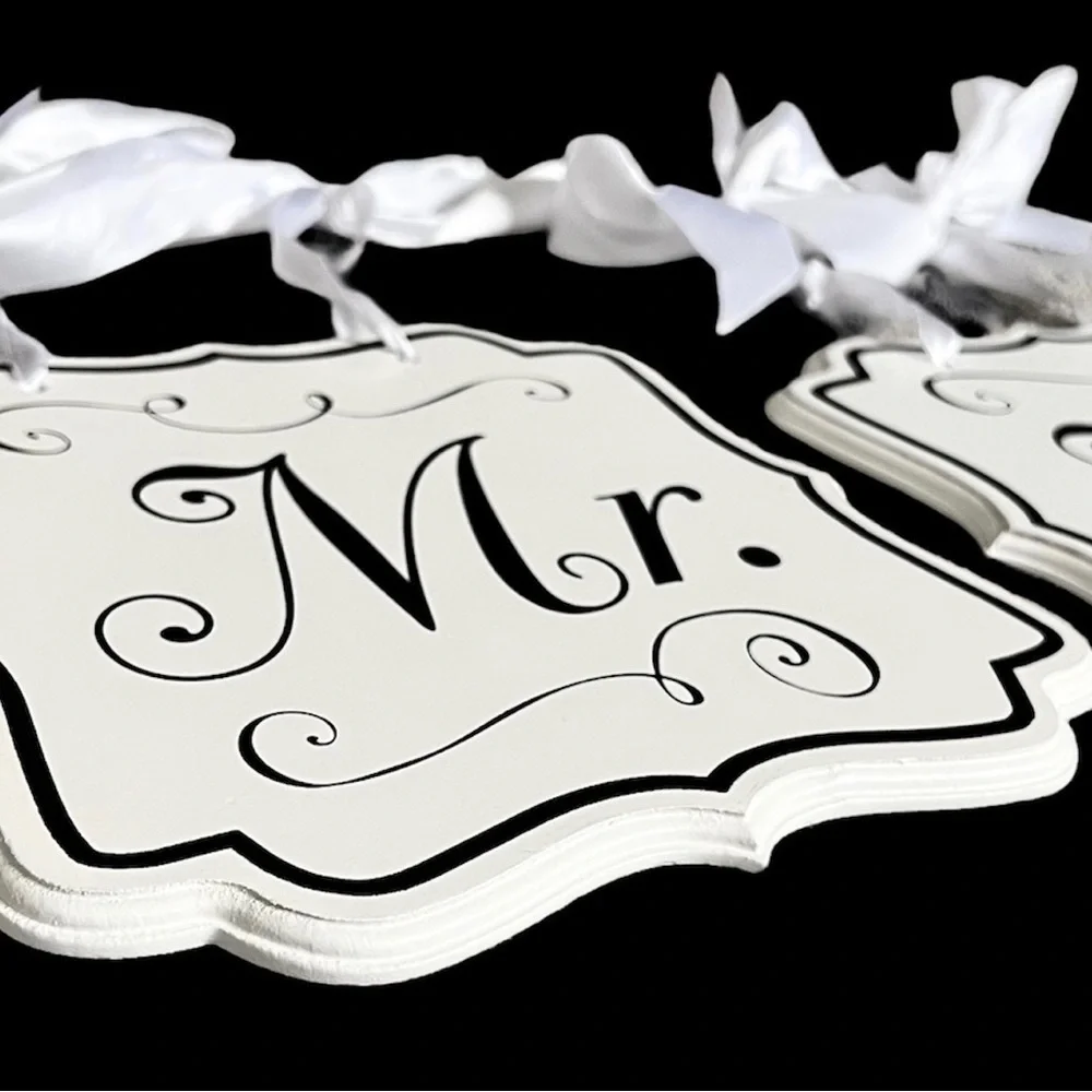 Mr. & Mrs. Wooden Chair Signs for Wedding Reception or Party - White Black